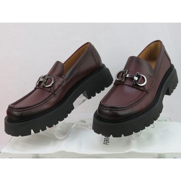 FERRAGAMO BURGUNDY LEATHER FLORIAN LUG SOLE GANCINI BIT LOGO LOAFERS 8 D 41 IT - Picture 6 of 12